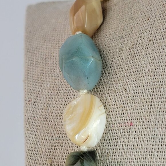 Natural Stone Multigem Beaded Necklace 20 inch Blue Green Beige Silver-Tone - Picture 9 of 14